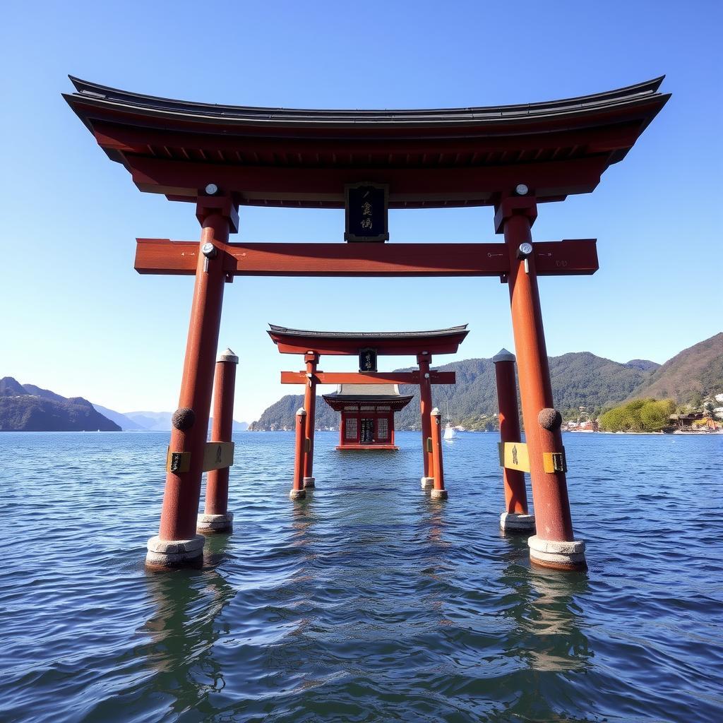 Toàn cảnh Đền Kuzuryu Jinja Hon-gu ẩn mình bên bờ hồ Ashi, Nhật Bản, với cổng Torii nổi bật giữa làn nước xanh biếc.